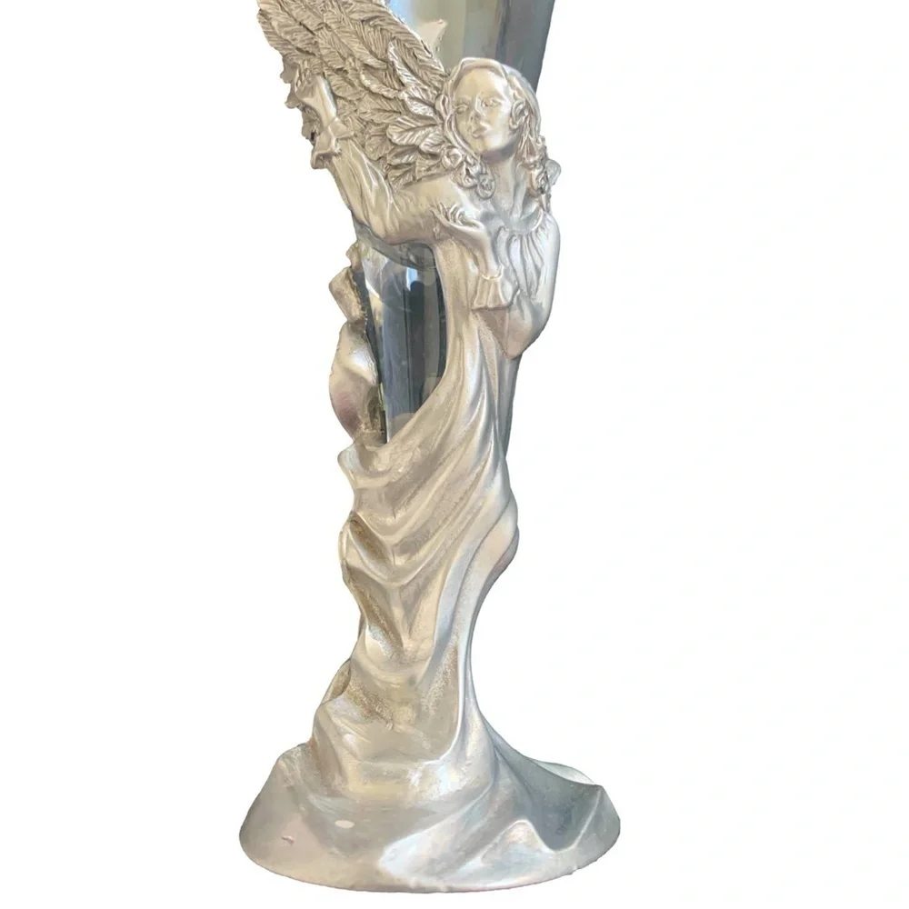 Vintage Seagull Canada Pewter Etain Zinn Handblown Glass Silver Champagne Flutes